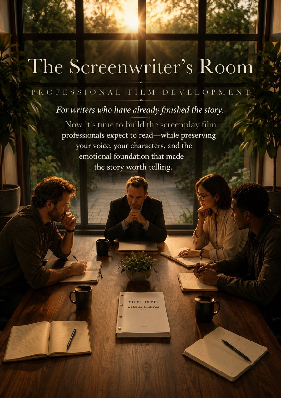 A writers’ room at golden hour: four people around a long wooden table with notebooks, pens and coffee, a bound script at the centre, tall windows and green garden light behind them. The image carries the words: The Screenwriter’s Room. Professional film development. For writers who have already finished the story. Now it’s time to build the screenplay film professionals expect to read, while preserving your voice, your characters, and the emotional foundation that made the story worth telling.